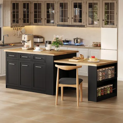 Immagine prodotto di Isola da cucina Flieks con tavolo da pranzo allungabile, piano di lavoro in legno, mobile da cucina con ampio spazio di archiviazione, finitura naturale