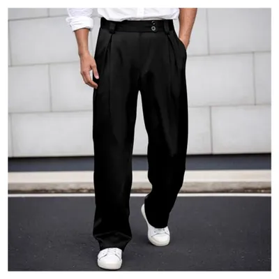Produktbild von Herren Anzughose für Business und Golf, einfarbig, baggy Freizeithose mit Knopftaschen, Chinohose mit geradem Bein und weitem Schnitt