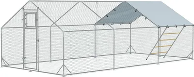 Produktbild von Hühnerstall Freilaufgehege aus Stahl, 300 x 600 x 195 cm Hühnerkäfig mit UV-beständiger Abdeckung, Futtertür, Hängefütterung, Sitzstange, Hühnergehege für 18-24 Hühner, Kleintiere, Silber