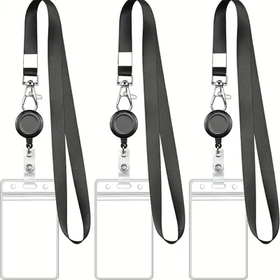 Produktbild von Badgehalter - 3 Stš¹ck - Vertikale Kartenhš¹lle - Transparenter ID Kartenhalter - Mit schwarzem Schlš¹sselband - Ausziehbarer Kartenhalter