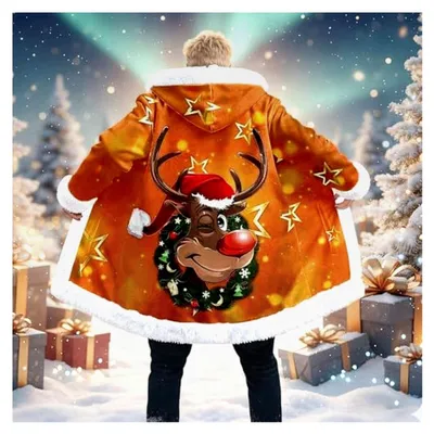 Produktbild von Weihnachtskostüm Herren Winter Kapuzenpullover Fleece gepolsterte Winterjacke mit Fellkapuze Oversize Wintermantel Kapuzenjacke