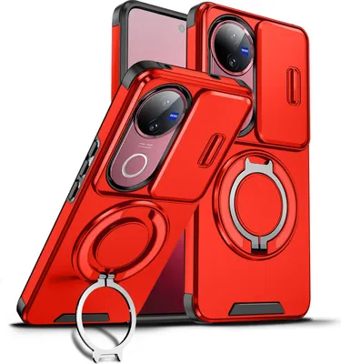 Image de Étui double couche pour vivo V50, couvercle coulissant pour appareil photo et anneau magnétique Rouge