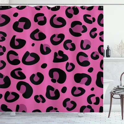Image de Rideau de douche ABAKUHAUS rose vif, motif peau d'animal léopard, formes abstraites, thème safari sauvage et jungle, 175 x 200 cm, noir et rose