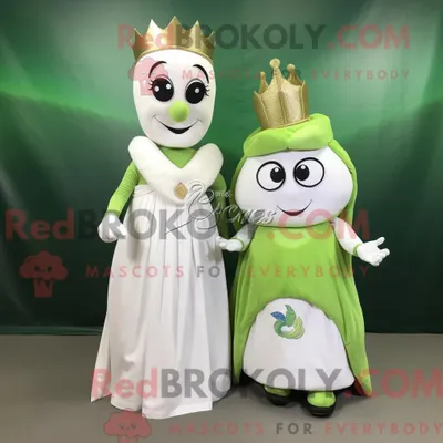 Produktbild von Maskottchenfigur REDBROKOLY einer Olivenkönigin mit Brautkleid und Messengerbags