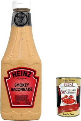 Produktbild von 6x Heinz American Style Smokey Baconnaise Sauce Geräucherte Specksauce 875ml Flasche Squeeze + Italian Gourmet polpa 400g