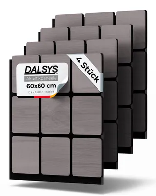 Produktbild von Dalsys 4x Akustikpaneele mit 3D-Quadrat-Muster 60 x 60cm Grau Holz