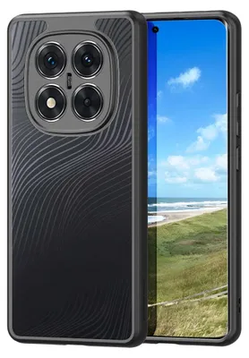 A black phone case with a wavy pattern is shown next to a smartphone displaying a beach scene.