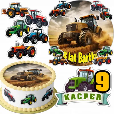 Zdjęcie produktu dla Zestaw Opłatek Na Tort 20Cm + 16 Postaci - Traktor Ciągnik + Imię 15Cm 18Cm