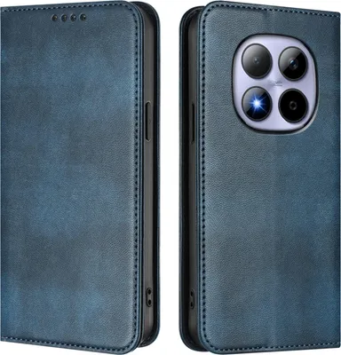 Two views of a blue leather flip phone case.