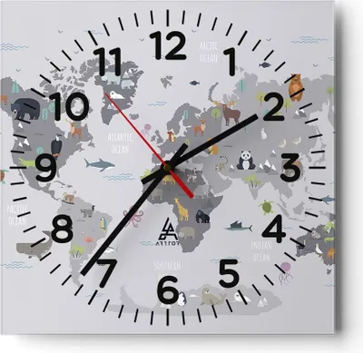 Produktbild von Wanduhr - Quadrat - Glasuhr - Karte die Welt Kontinente - 30x30cm - Schleichendes Uhrwerk - Lautlos - zum Aufhängen bereit - Dekoration Modern - Wanddekoration aus Glas - C4AC30x30-5033