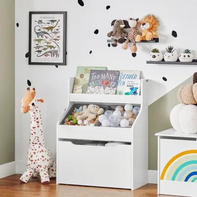 A child's room with a white toy storage unit, stuffed animals, books, and wall decorations.