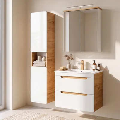 Produktbild von Badezimmer Waschplatz Set inkl. 61 cm Keramikwaschtisch LUTON-56 Hochglanz weiß mit Wotan Eiche Nb., B/H/T ca. 110/200/46 cm