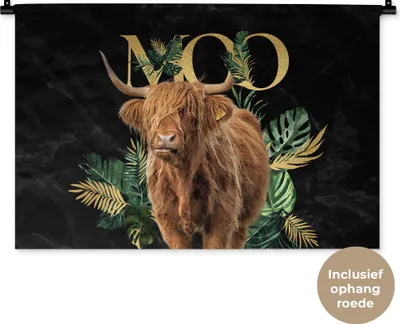 Produktbild von MuchoWow® Wandteppich Wandbehang Schottisches Hochlandrind - Monstera - Gold 90x60 cm Tapisserie Dekoration Wandtuch - Wandskulpturen - Bildteppich