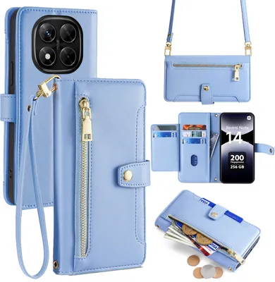 Produktbild von Handykette Xiaomi Redmi Note 14 Pro 4G Hülle mit Band Handyhülle Kartenfächer Kunstleder Umhängetasche in Hellblau