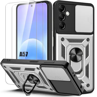 Image de Coque + 2 Verres Trempés pour Samsung Galaxy A57 5G, avec Anneau et Protection Caméra - Argenté