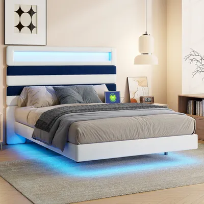 Immagine prodotto di Letto imbottito 140x190 con LED, stazione di ricarica USB e testata regolabile, bianco + blu