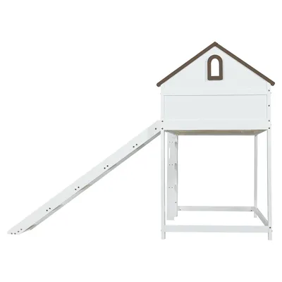 Produktbild von Flieks Etagenbett 90x200cm mit Rutsche, Kinderbett Hausbett mit Fenster, Hochbett Holzbett Einzelbett mit Lattenrost, Stockbett Spielbett Weiß