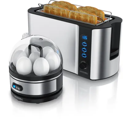 Produktbild von Arendo 2-teiliges Frühstücksset, 7er Eierkocher & Langschlitz Toaster für 4 Scheiben, Silber