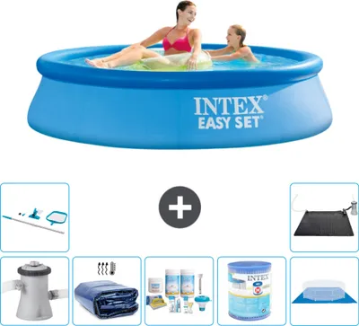 Produktbild von Intex runder aufblasbarer Easy Set-Schwimmpool – 244 x 61 cm – Blau – inklusive Pumpe Sonnensegel - Wartungspaket - Filter - Bodenplane - Reinigungskit - Solarmatte