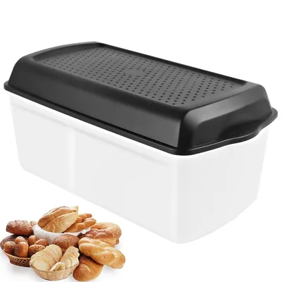 Produktbild von Brot- und Gebäckbox, Obst- und Gemüsebox, Toastbox, mikrowellengeeignet, weiße Box mit schwarzem Deckel