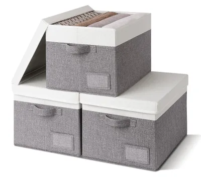 Produktbild von 3 Aufbewahrungsboxen mit Deckel, Stoff, grau, faltbar, groß