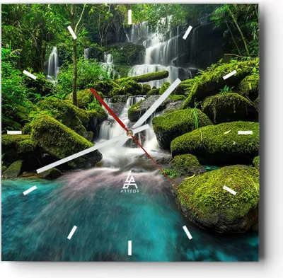 Produktbild von Wanduhr - Quadrat - Glasuhr - Park Wasserfall Wasser - 40x40cm - Schleichendes Uhrwerk - Lautlos - zum Aufhängen bereit - Dekoration Modern - Wanddekoration aus Glas - C3AC40x40-3754