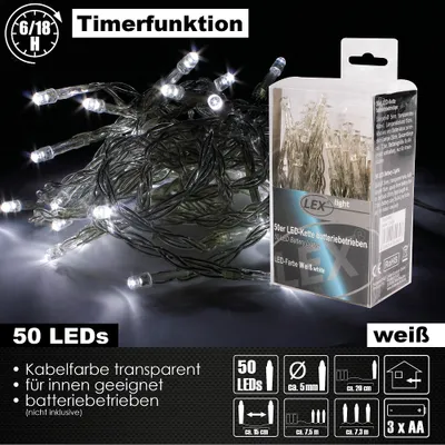 Produktbild von Lex Light LED Lichterkette Batterie Timer 7,35m 50 LEDs kaltweiß innen