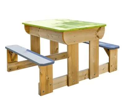 A wooden picnic table and bench set for children, with a green tabletop and blue seats, isolated on a white background.