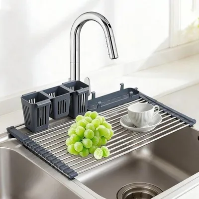 Produktbild von Famanu Abtropfgestell aus Edelstahl - 64 x 33 cm - leicht und verstellbar - Abtropfmatte für Schwämme - Tassen - Obst