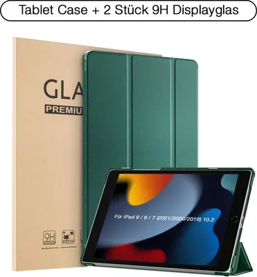 Produktbild von Schutzhülle + 2x 9H Display Glas für iPad 7/8/9 Generation 10.2 Zoll Cover Case Schutz Tablet Farbe: Dunkelgrün