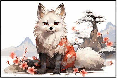 Produktbild von Wallario Wandbild Fuchs mit Kirschblüten, Größe: 61 x 91,50 cm, Poster mit schwarzem Aluminiumrahmen