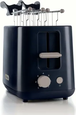 A dark blue Ariete 2-slot toaster with chrome accents and a lever for lowering bread. It has a dial for browning settings and a smaller button, likely for cancel or reheat.
