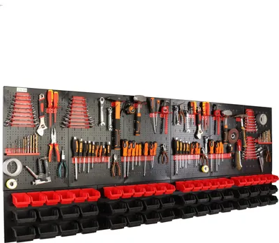 Produktbild von botle® Werkzeugwand Lochwand aus Metall, Stapelboxen + Wandregal + Werkzeughalter 110-tlg Set, Kleinteilelager,  Wandwerkstatt mit 56 stapelbaren Rot & Schwarz Behältern, Hängeregal Sortierregal