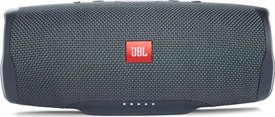 A front view of a dark gray JBL Charge Essential 2 speaker with the red JBL logo in the center.
