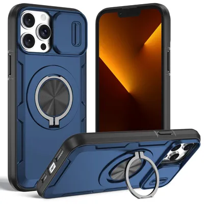 Produktbild von Magnetische Hülle für iPhone 13 Pro, Militär Stoßfest Handyhülle mit Kameraschutz und Ringhalter Ständer Blau