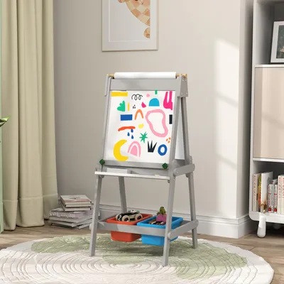 Image de Chevalet de dessin pour enfants 3-en-1, tableau à craie et tableau blanc avec rouleau de papier, chevalet en MDF et bois de pin, gris | 51 x 50 x 108 cm | 6,95 kg | à partir de 3 ans