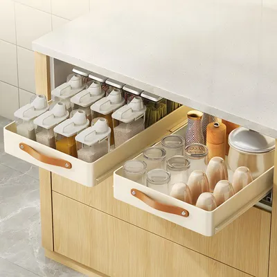 Produktbild von Ausziehbares Küchen Aufbewahrungsregal – Schrank & Arbeitsplatte Organizer mit Schienen – 30 cm Breite Off-White