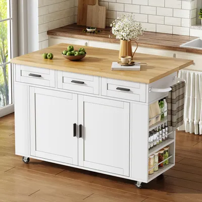 Produktbild von Flieks Küchenwagen mit klappbarer Arbeitsplatte, Mobile Kücheninsel mit Steckdosen und Rollen, Speisewagen 120x45-70x84cm, Weiß