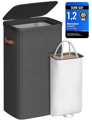 Produktbild von SONGMICS Wäschekorb, 100 L Wäschesammler, 1 Fach, mit Deckel und Griffen – Tintenschwarz