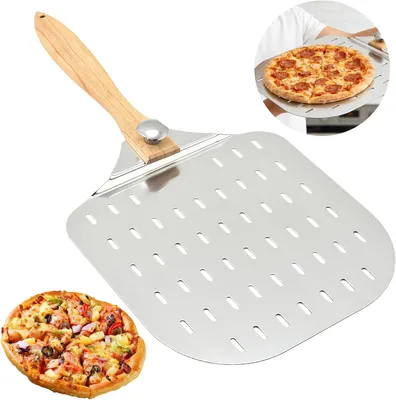 Produktbild von Pizzaschaufel aus Edelstahl 31 x 31 cm, Pizzaschaufel mit abnehmbarem Griff, Pizzaschaufel aus Aluminium gelocht, Pizzaschieber für Grill und Backofen