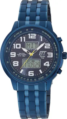 A close-up studio shot of a blue digital and analog watch.
