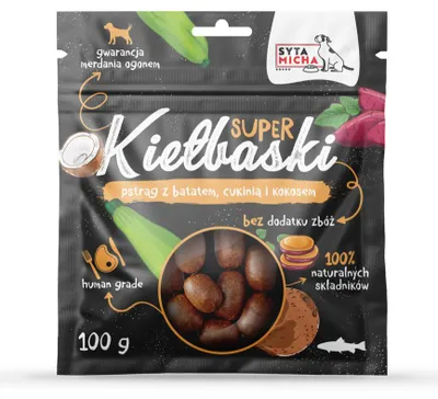 Obrázek produktu pro Klobásky se pstruhem, batáty, cuketou a kokosem- hypoalergenní pamlsky pro psy