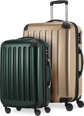 Produktbild von Alex - 2er Set Handgepäck + Mittelgroßer Koffer, Kofferset Resekofffer Trolleys Hartschale Polycarbonat glänzend,Champagner-Waldgrün
