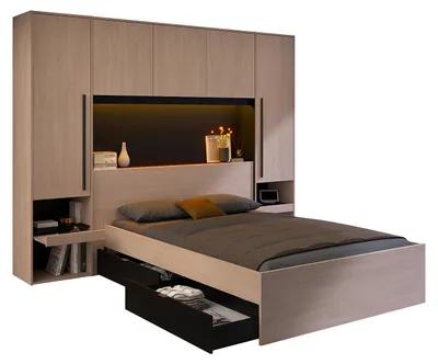 Produktbild von Bett mit Stauraum & LEDs - 140 x 190 cm - Naturfarben & Schwarz - VELONA