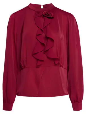 Produktbild von Damenbluse in Rot, Größe S, mit Stehkragen und aus glattem 100% Polyester Satin