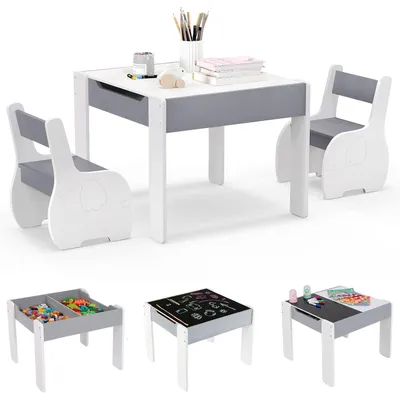 Produktbild von Multifunktionales Kindertisch- und Stuhlset, Kindersitzgruppe mit Stauraum, Kindermöbel mit Tischplatte als Kindertafel, Tisch Stuhl Set, Weiß, Grau