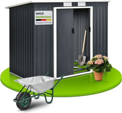 A metal garden shed is shown with gardening tools and a plant.