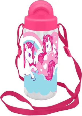 Produktbild von Einhorn Trinkflasche mit einem Tragegurt Regenbogen Wolken