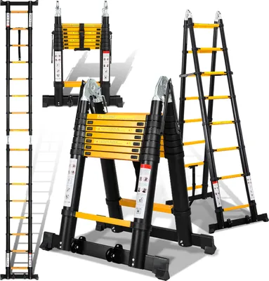 Produktbild von Hebitod Teleskopleiter schwarz Aluminium Klappbar Multifunktionsleiter Anlegeleiter 2.5M+2.5M Mehrzweckleiter Fingerklemmschutz Auszeihleiter Klappbar Aluminiumleiter Antirutsch bis 150 KG