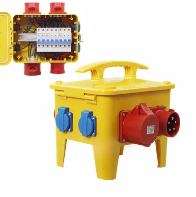 Produktbild von Mobiler Stromverteiler Baustromverteiler mit Handgriff CEE 1x32A 2x16A 4x230V Schuko Sicherung LS